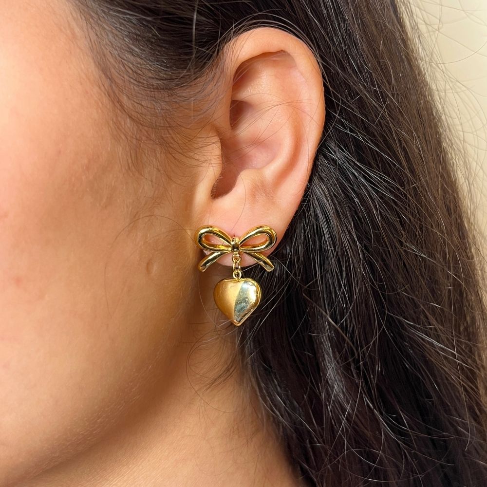 Bow Heart Earring - 18K Gold Plated