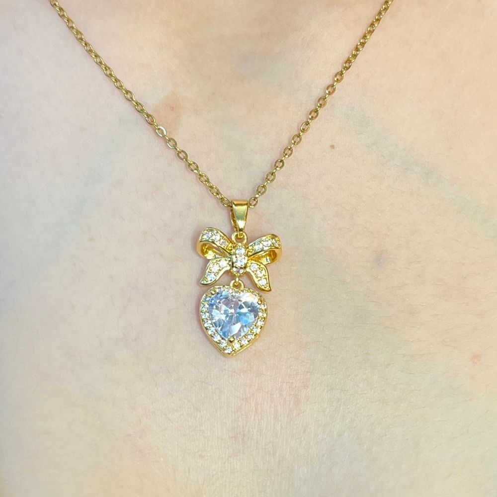 Heart & Bow Crystal Necklace - 18K Gold Plated
