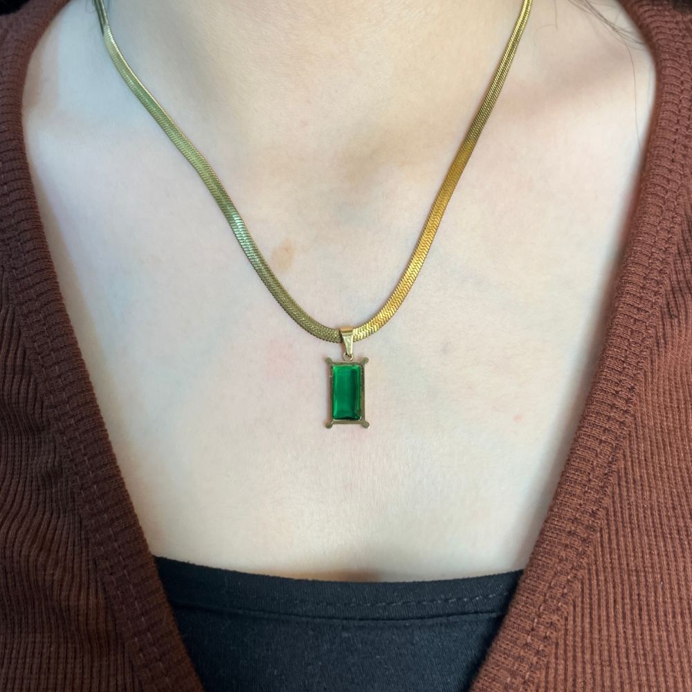 Green Emerald Rectangular Snake Chain Necklace - 18K Gold Plated