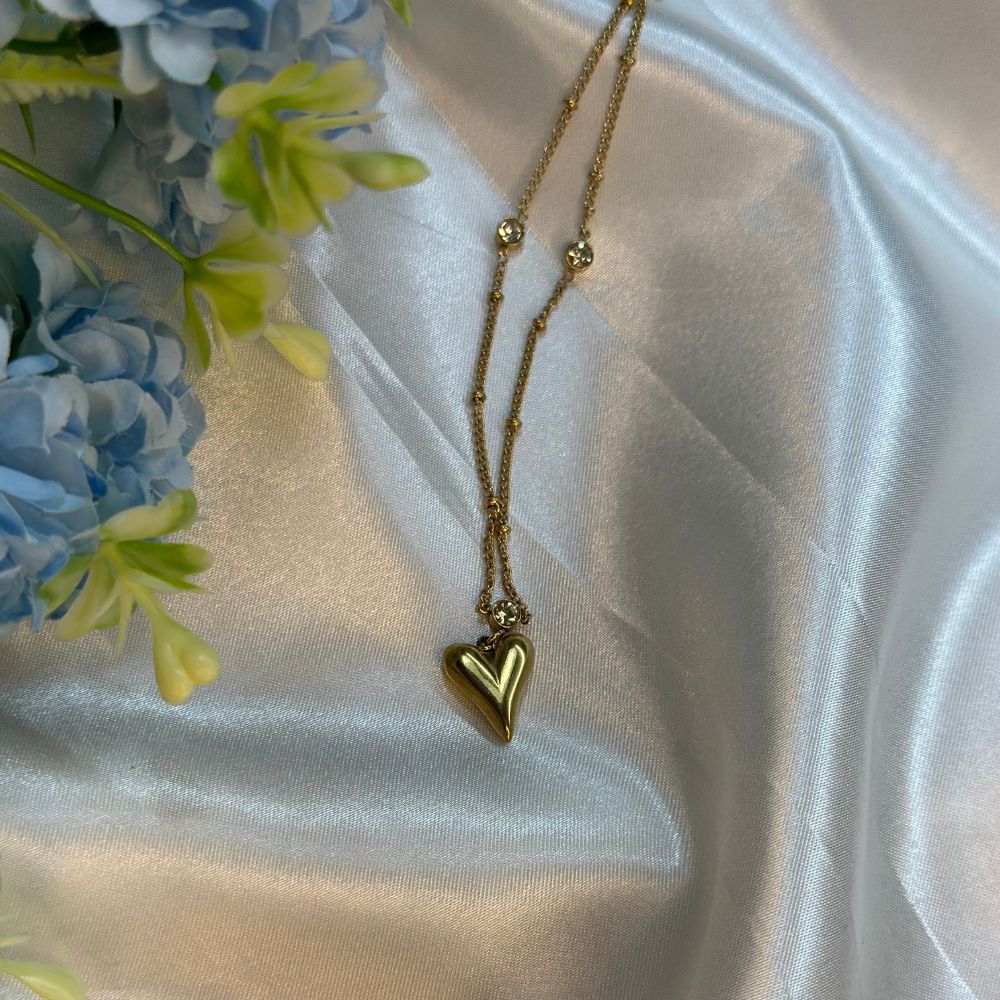 Long Heart Crystal Necklace - 18K Gold Plated