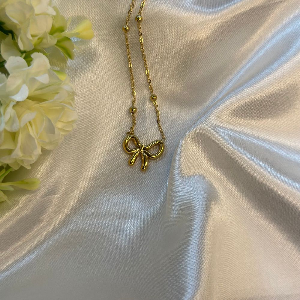 Simple Bow Dotted Chain Necklace - 18K Gold Plated