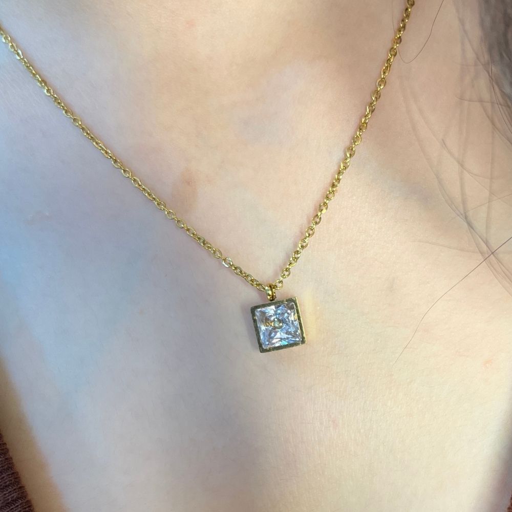Square White Stone Necklace - 18K Gold Plated