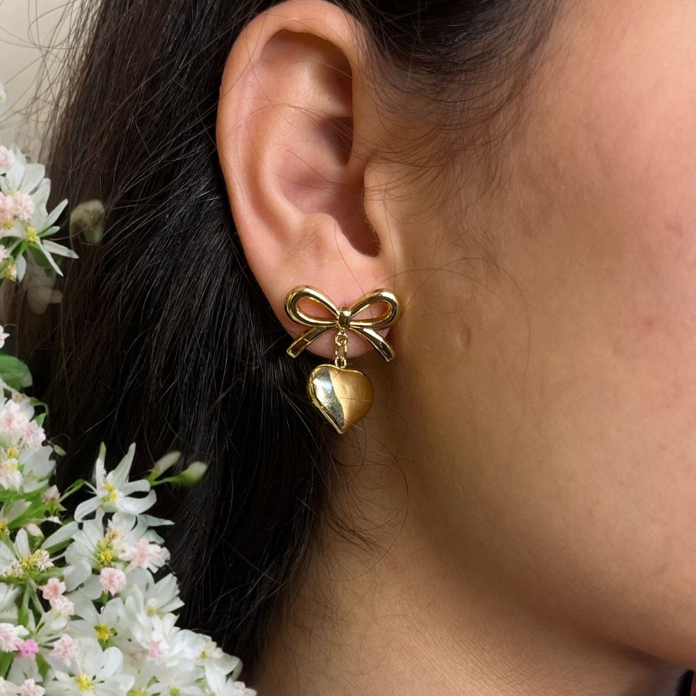 Bow Heart Earring - 18K Gold Plated