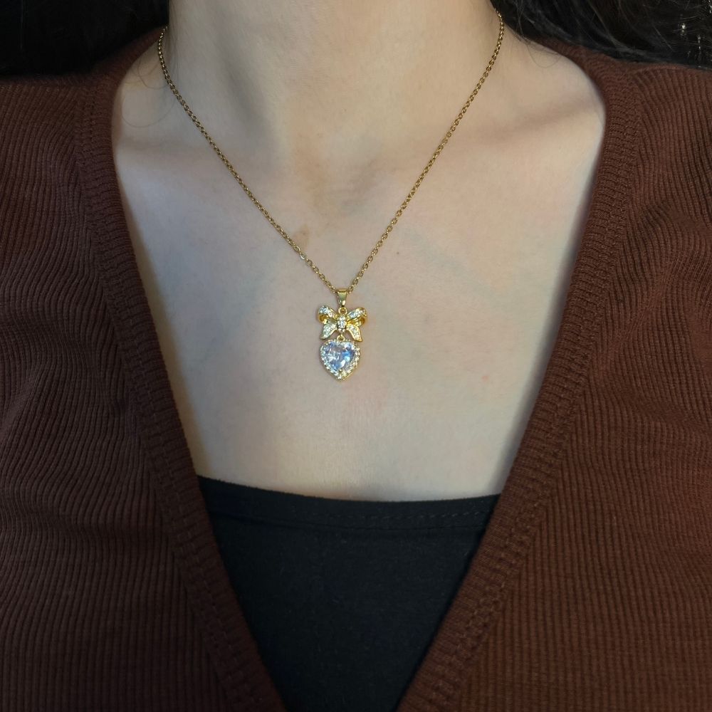 Heart & Bow Crystal Necklace - 18K Gold Plated