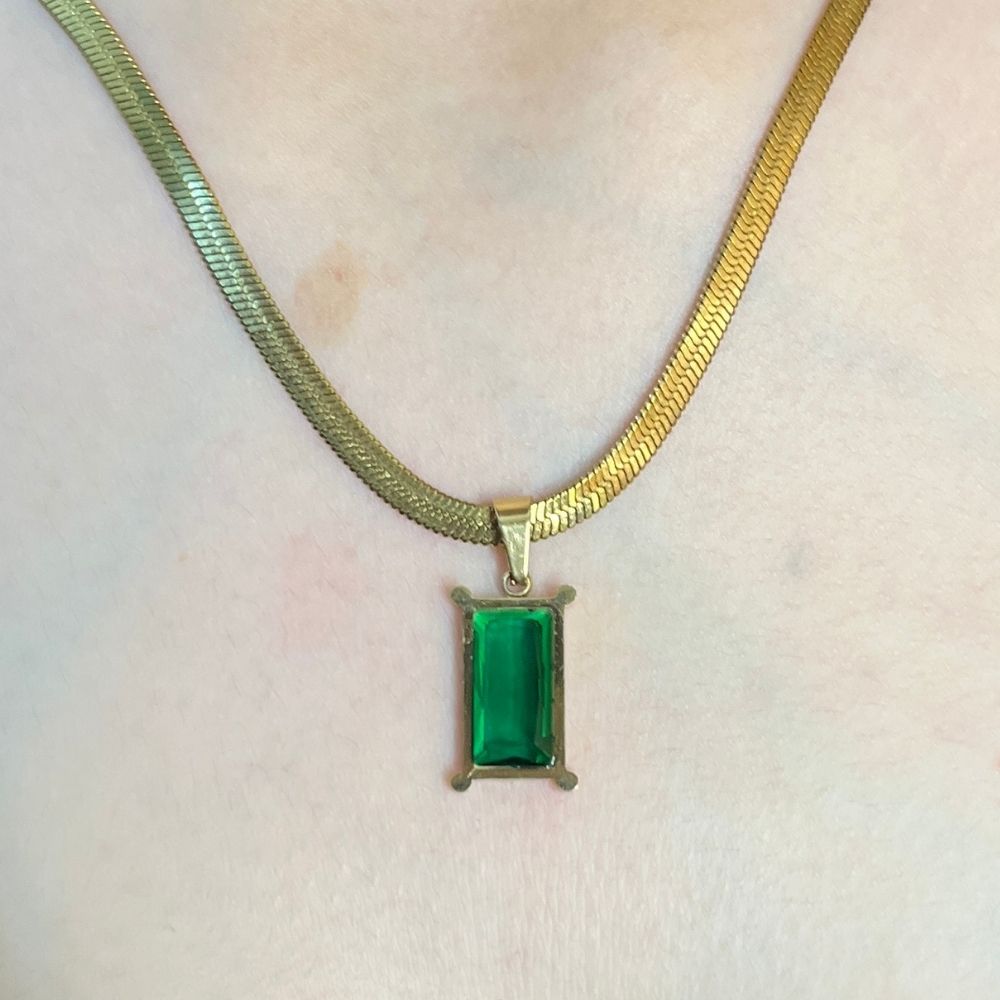 Green Emerald Rectangular Snake Chain Necklace - 18K Gold Plated