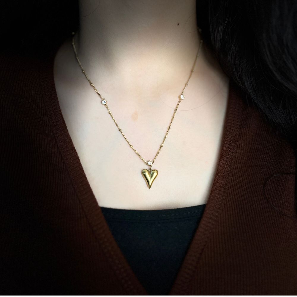 Long Heart Crystal Necklace - 18K Gold Plated