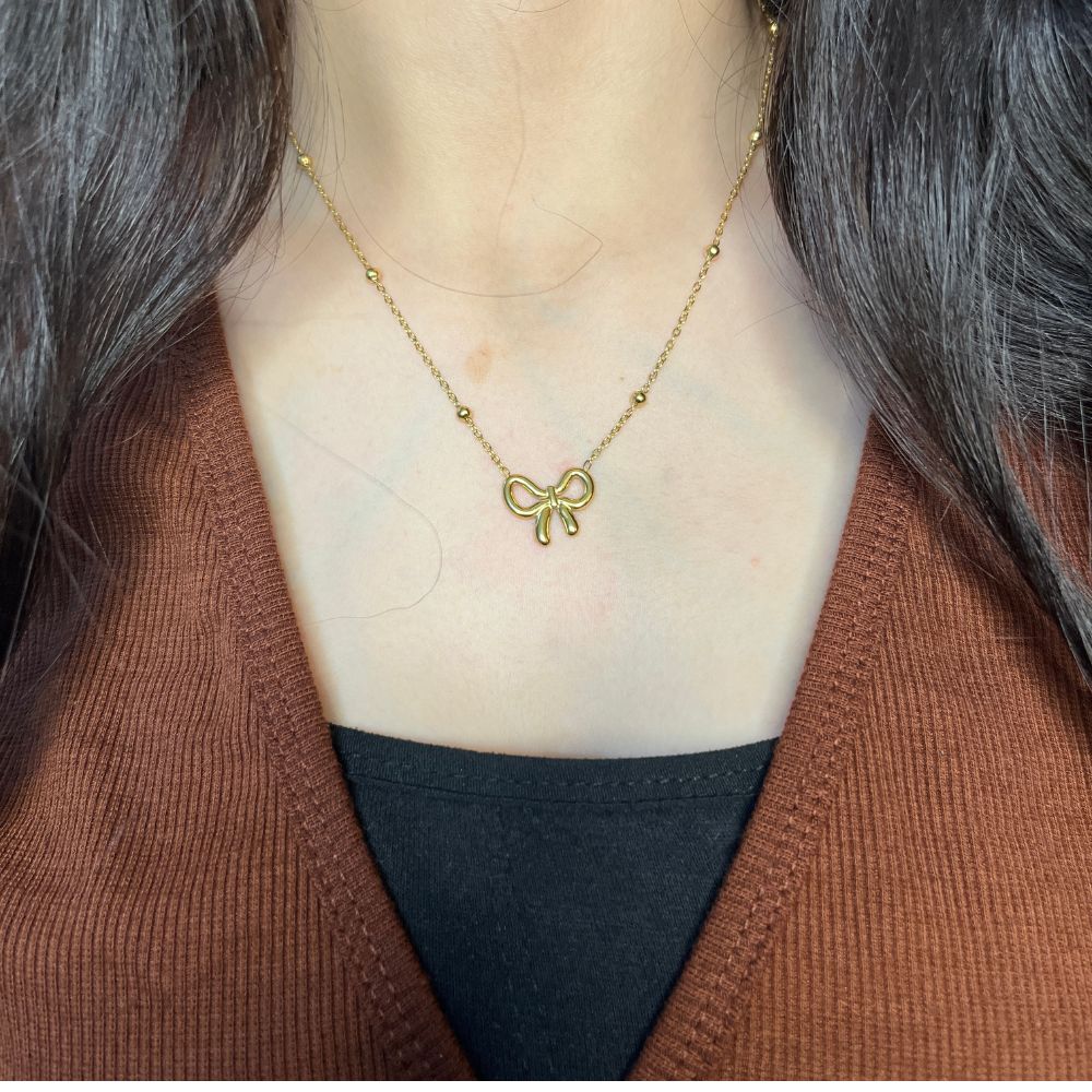 Simple Bow Dotted Chain Necklace - 18K Gold Plated