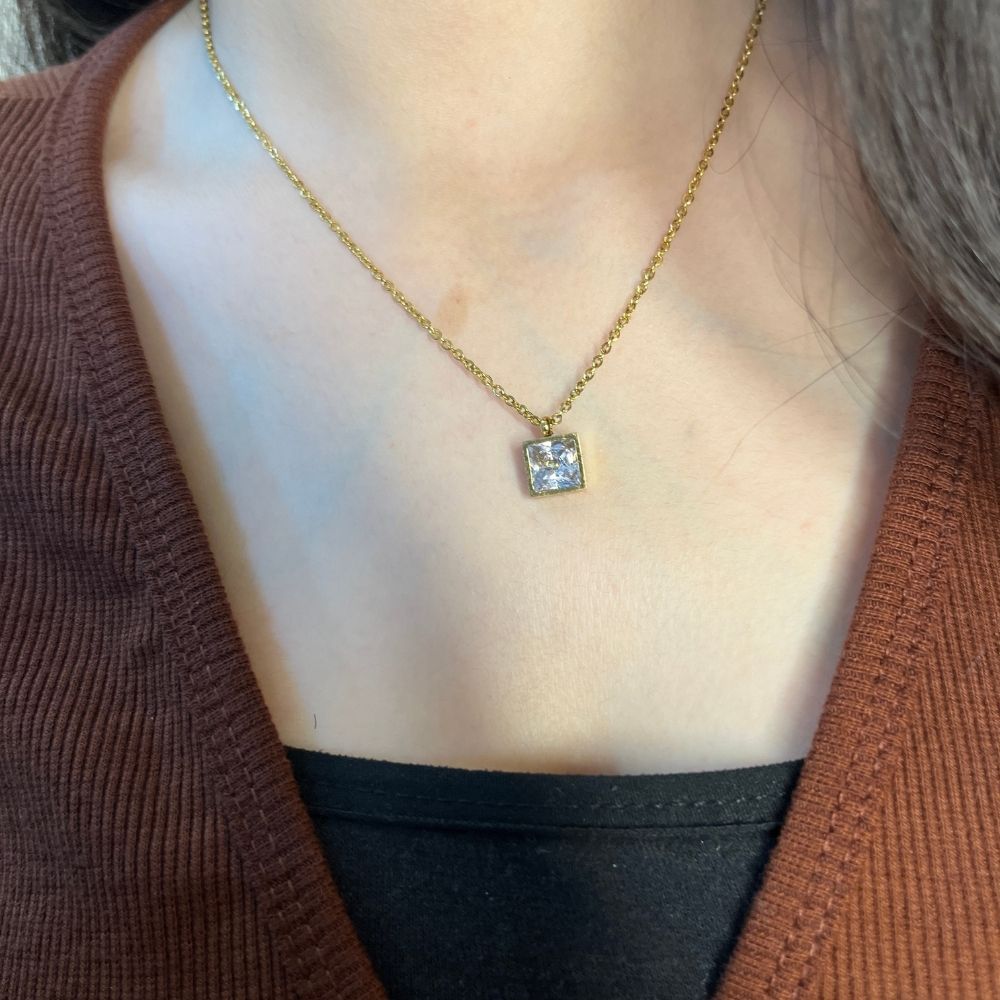 Square White Stone Necklace - 18K Gold Plated