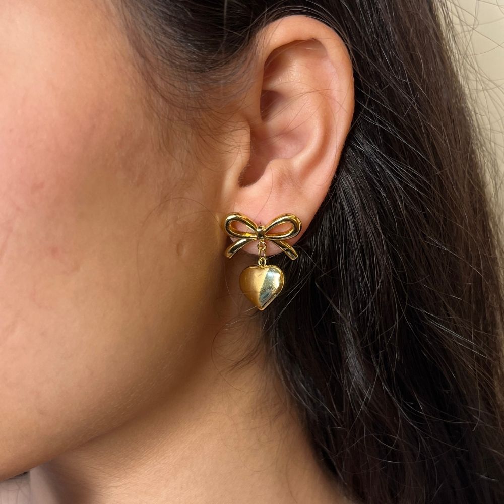 Bow Heart Earring - 18K Gold Plated