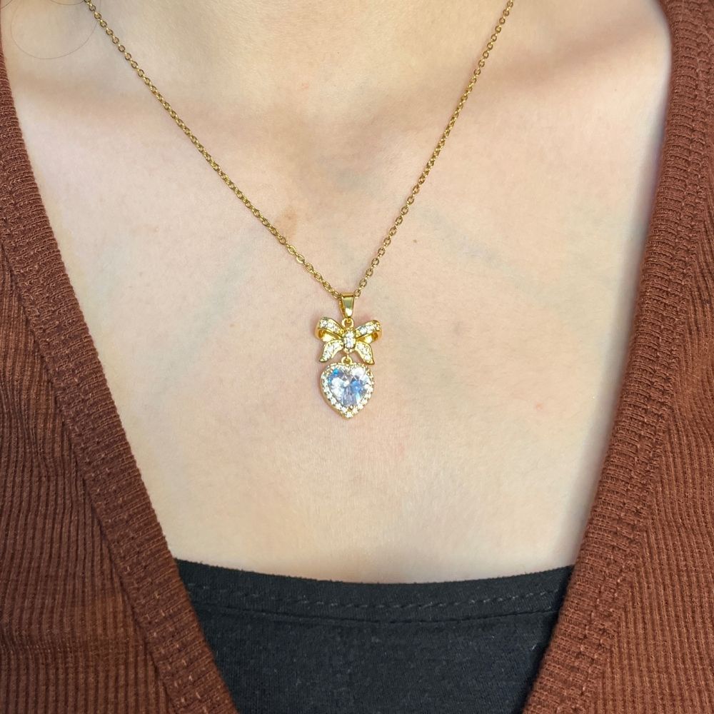 Heart & Bow Crystal Necklace - 18K Gold Plated