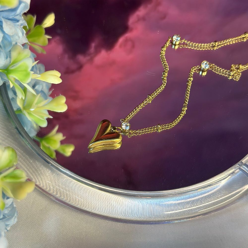 Long Heart Crystal Necklace - 18K Gold Plated
