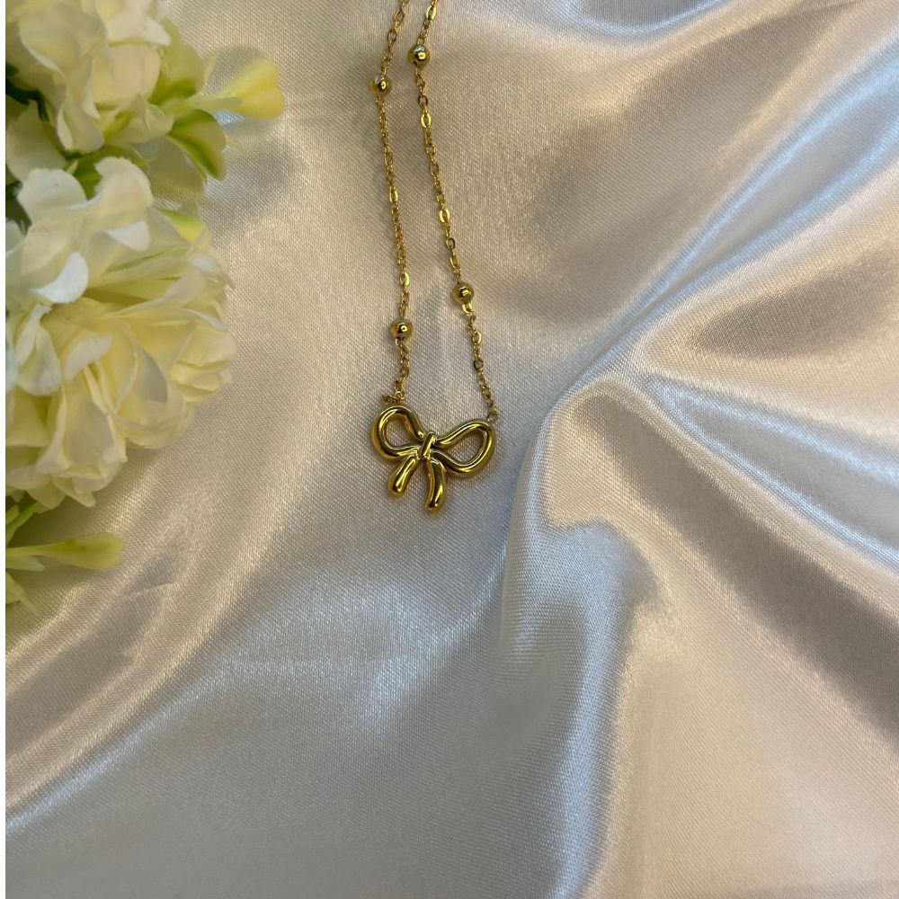 Simple Bow Dotted Chain Necklace - 18K Gold Plated
