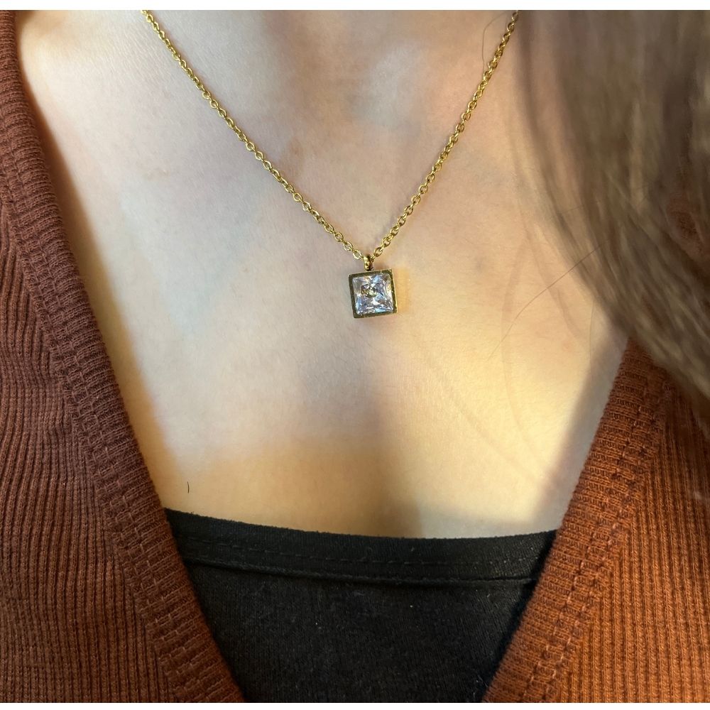 Square White Stone Necklace - 18K Gold Plated