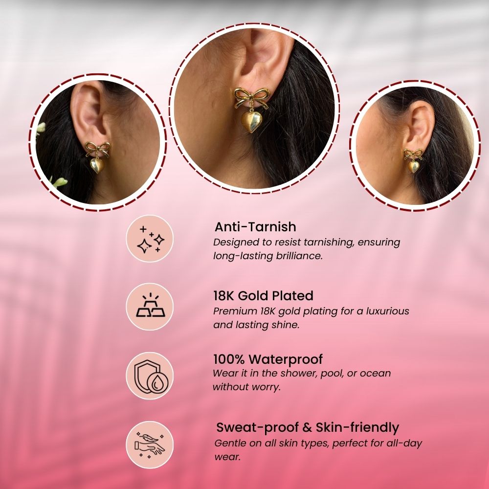 Bow Heart Earring - 18K Gold Plated