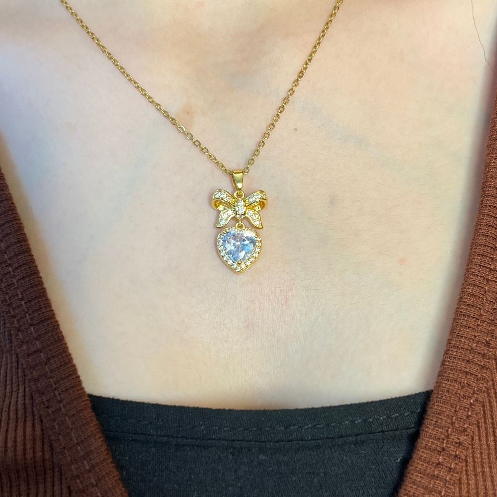 Heart & Bow Crystal Necklace - 18K Gold Plated