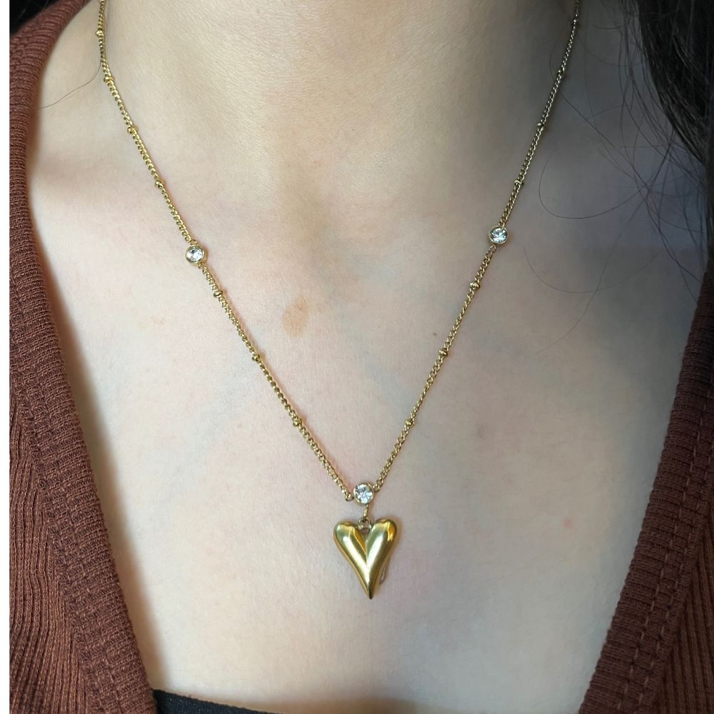 Long Heart Crystal Necklace - 18K Gold Plated