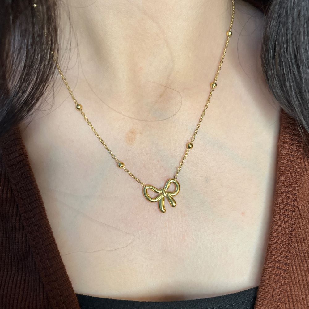 Simple Bow Dotted Chain Necklace - 18K Gold Plated
