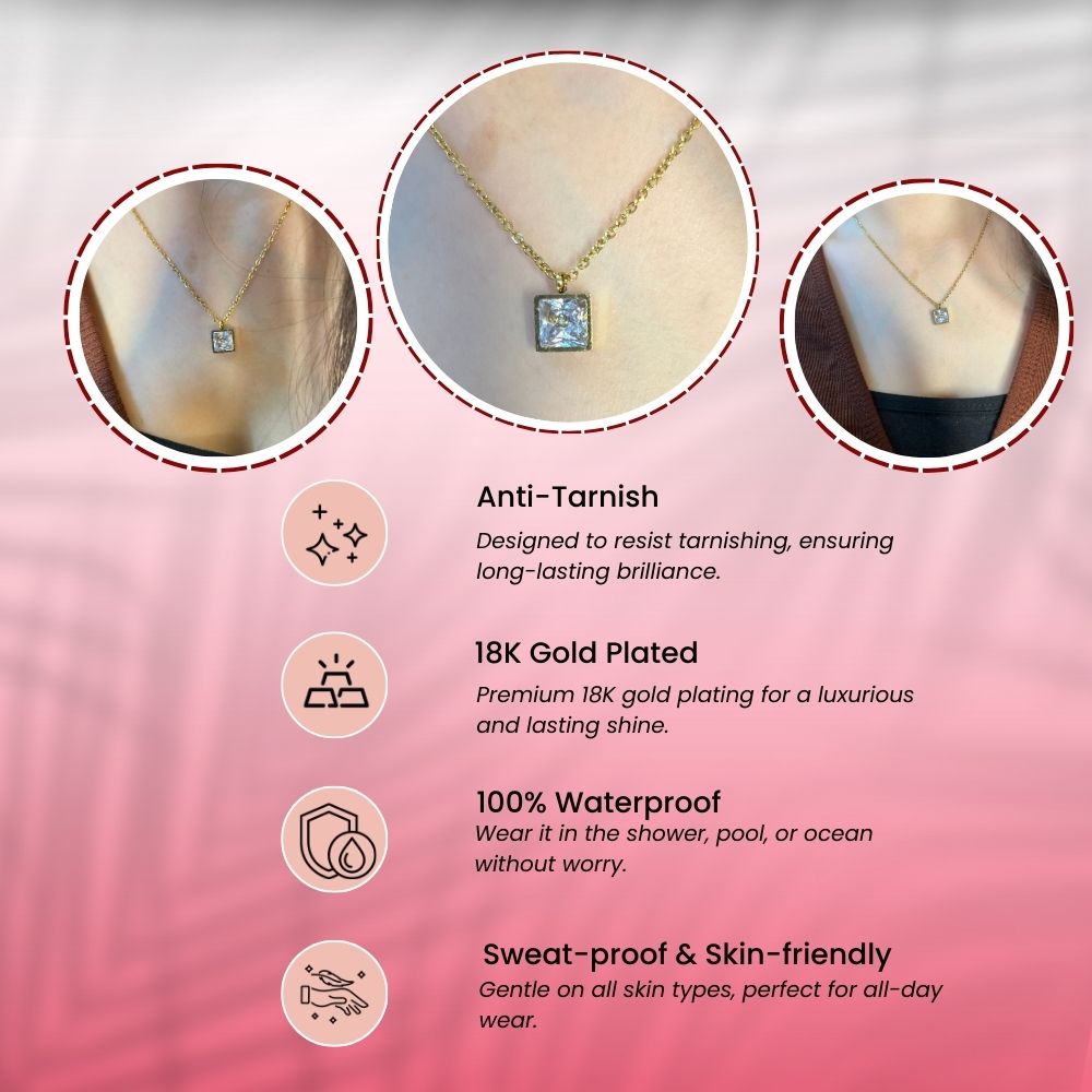 Square White Stone Necklace - 18K Gold Plated
