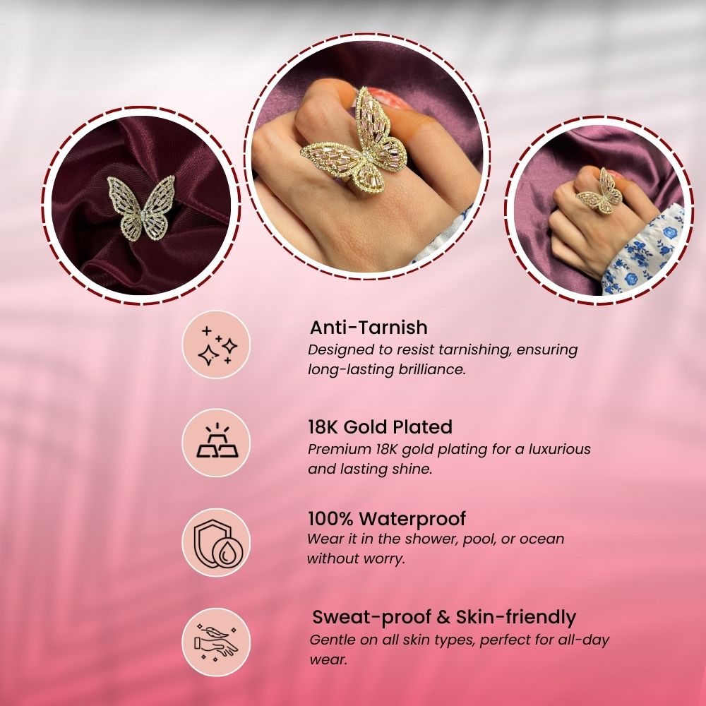 Adjustable Gold Plated Butterfly Ring