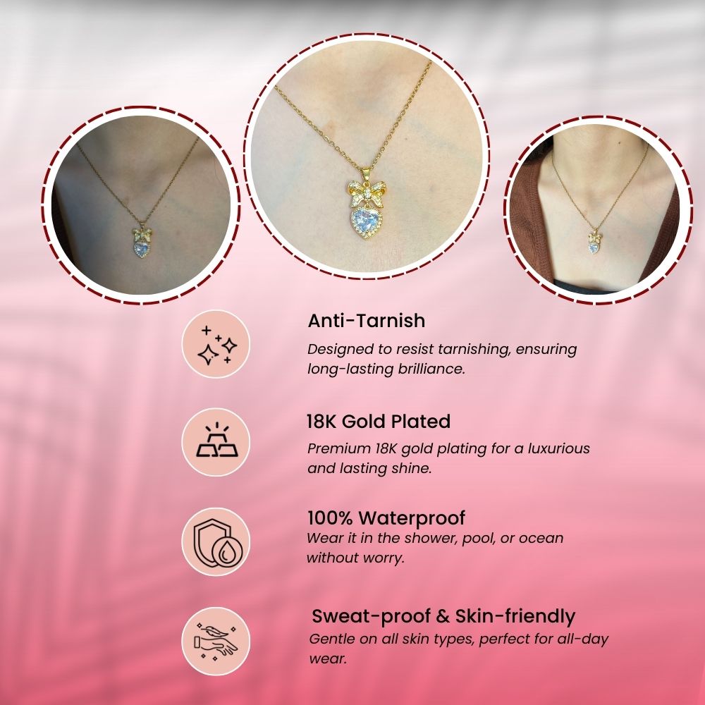Heart & Bow Crystal Necklace - 18K Gold Plated