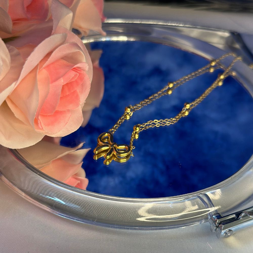 Simple Bow Dotted Chain Necklace - 18K Gold Plated