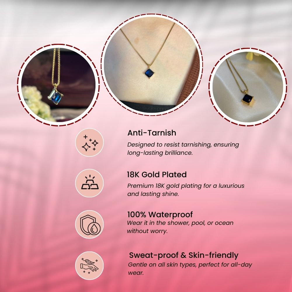 Blue Square Pendant - 18K Gold Plated