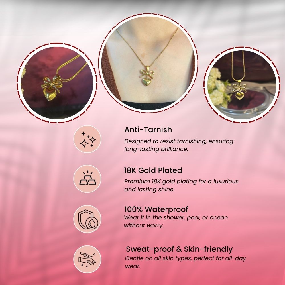 Bow Heart Necklace - 18K Gold Plated