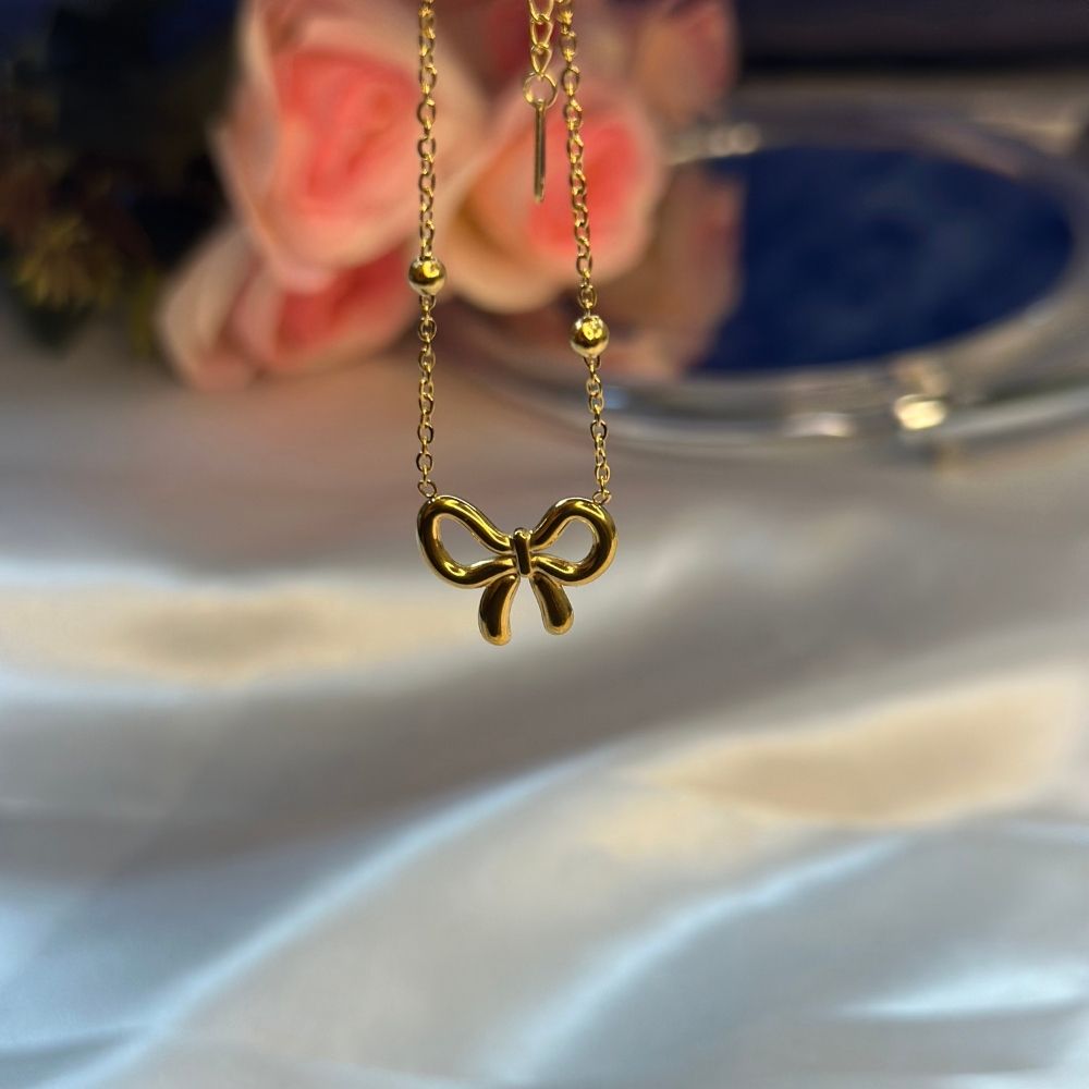 Simple Bow Dotted Chain Necklace - 18K Gold Plated