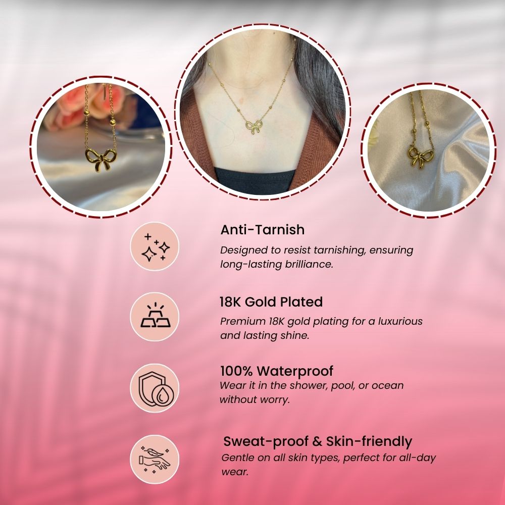 Simple Bow Dotted Chain Necklace - 18K Gold Plated