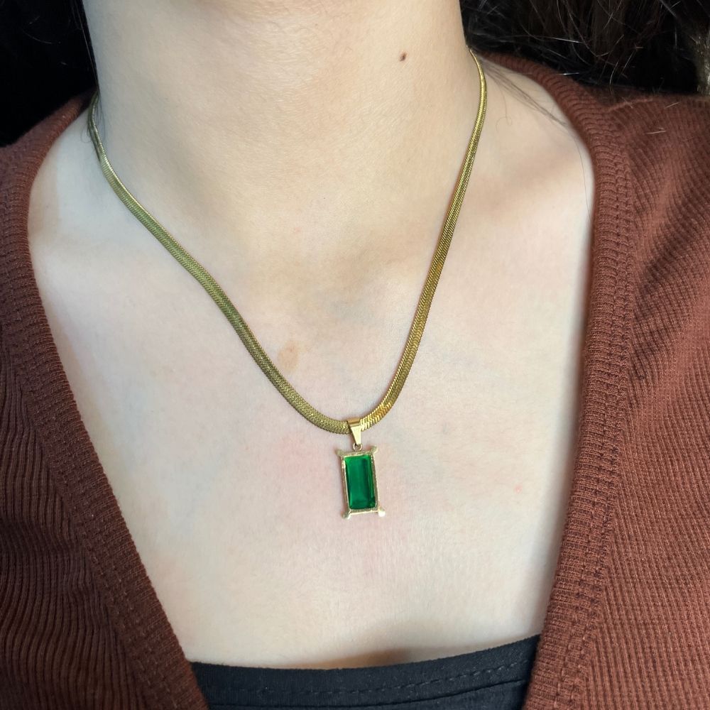 Green Emerald Rectangular Snake Chain Necklace - 18K Gold Plated