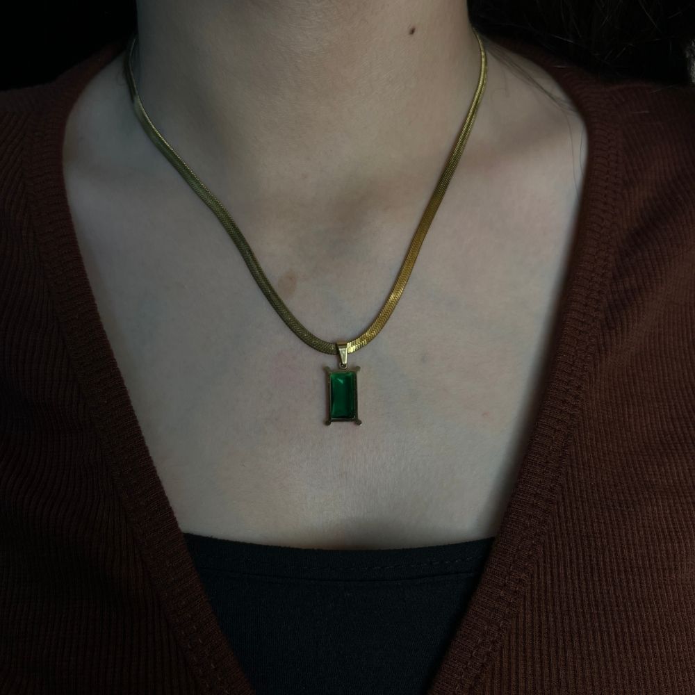 Green Emerald Rectangular Snake Chain Necklace - 18K Gold Plated