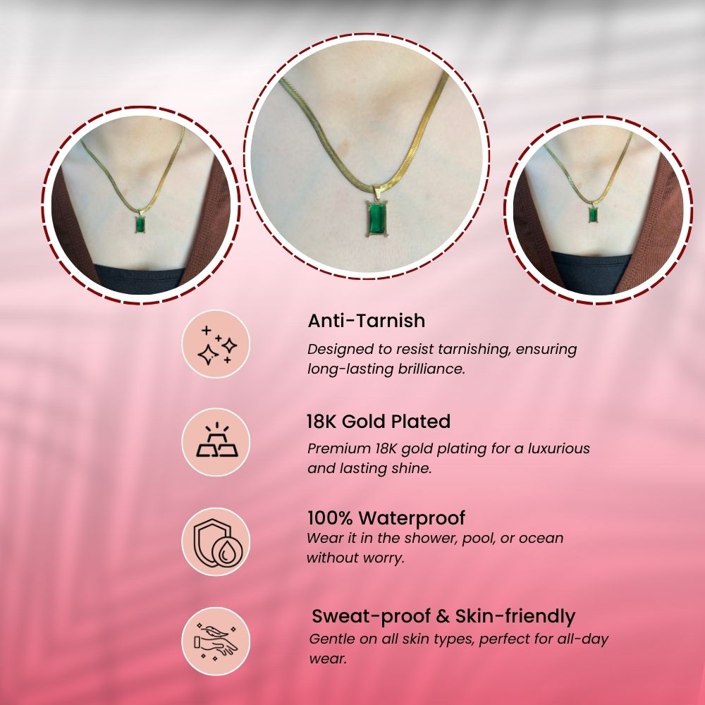 Green Emerald Rectangular Snake Chain Necklace - 18K Gold Plated